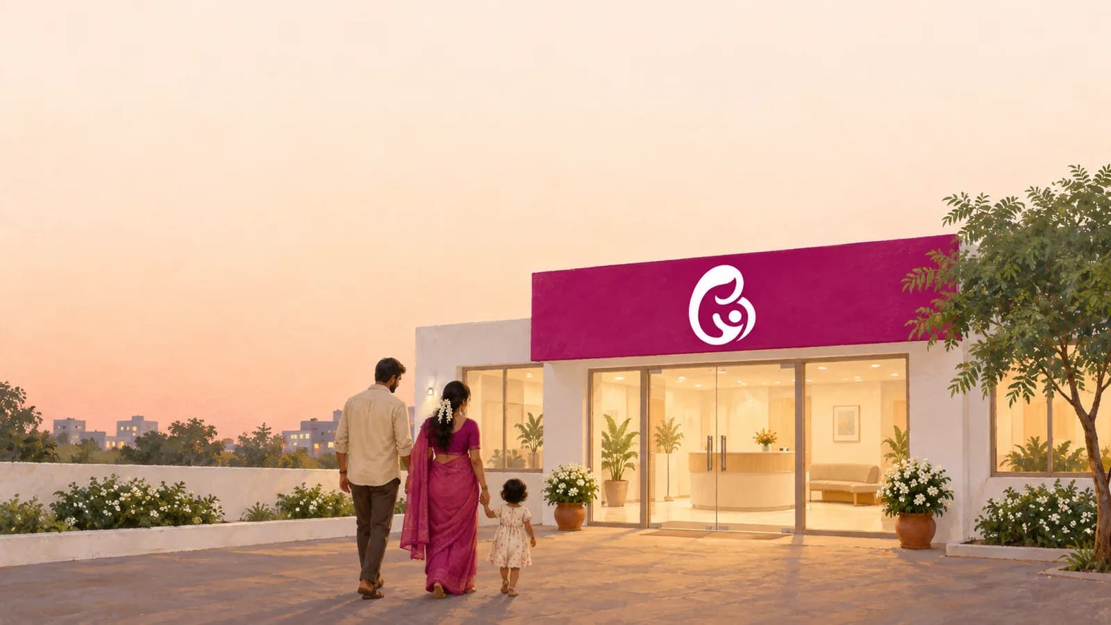 Painted Vatsalya clinic front at dusk, with the magenta signboard lit and jasmine at the door