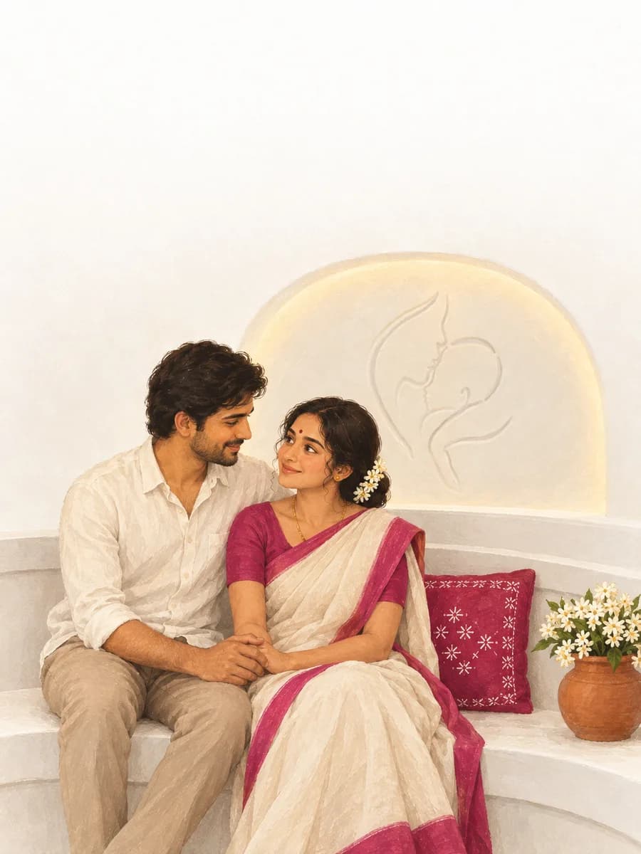 Painting of a couple sitting together in the Vatsalya reception under the carved mother-and-child relief