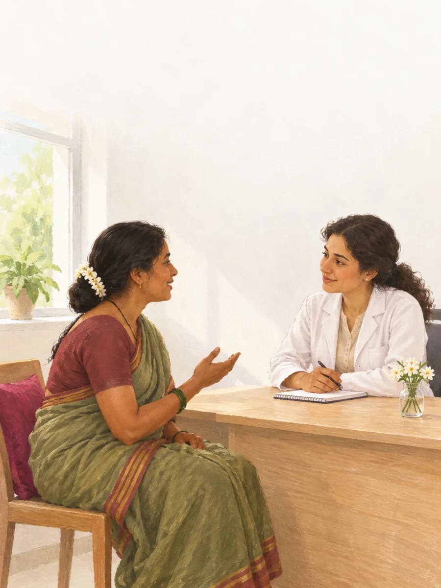 Painting of a woman talking with the doctor across a desk in a calm white consulting room