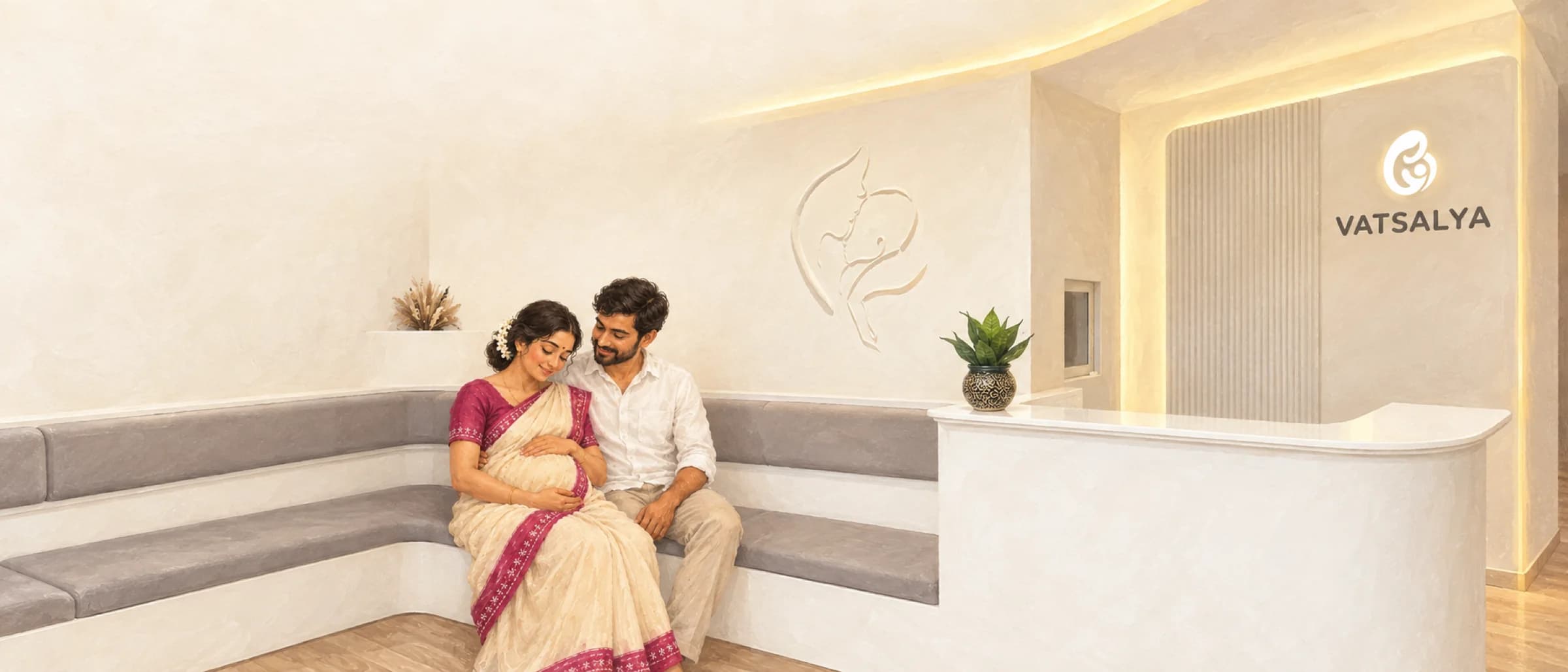 Painted Vatsalya reception: beige walls, the carved mother-and-child relief under warm cove light, the grey curved bench where an expecting couple sits, and the reception desk with the lit logo